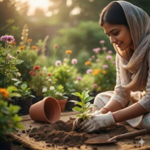 Family enjoying agro-tourism by planting at GreenRoots Farm