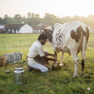 Farmer hand-milking a cow into a steel bucket at GreenRoots Organic Farm’s dairy section near Gangapur Dam.