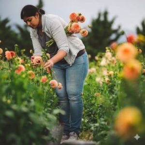 A woman picking fresh flowers in the garden at GreenRoots Organic Farm near Gangapur Dam, part of the agro-tourism experience.