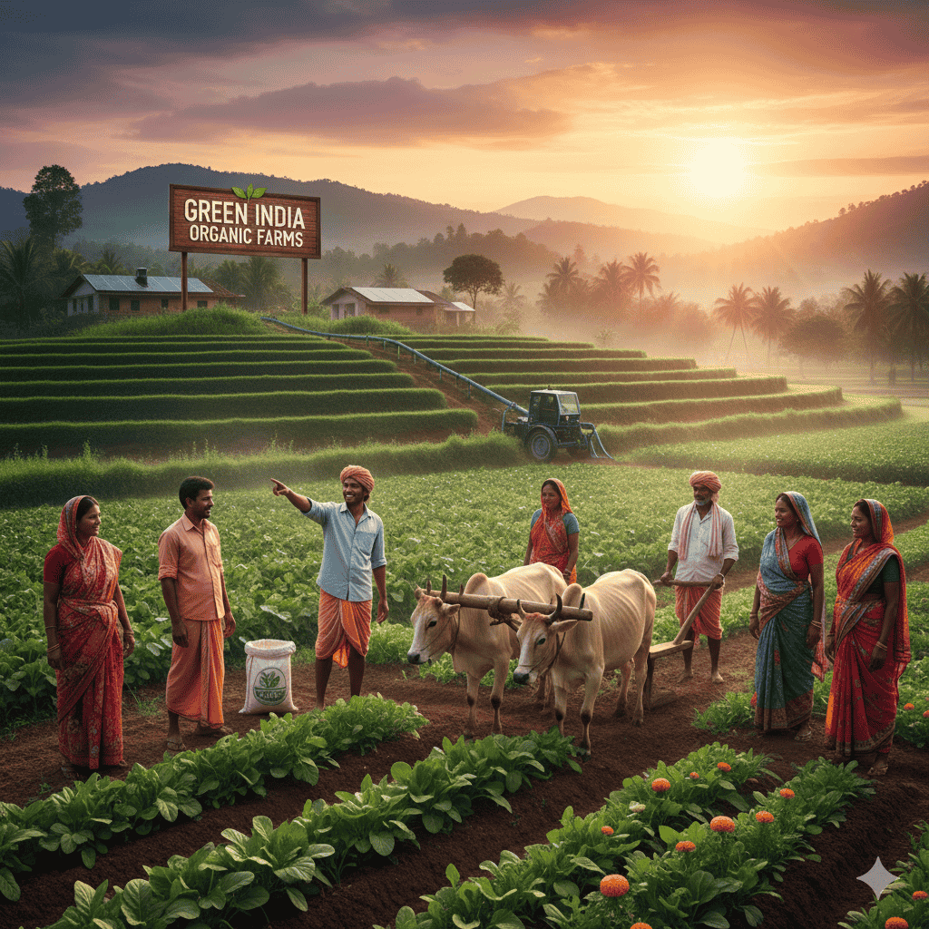 A panoramic, idyllic view of an organic farm landscape. In the foreground, a wooden sign reads "GreenRoots Organic Farm," next to rows of healthy green crops. In the background, a traditional stone farmhouse and barn sit by a winding stream, surrounded by rolling green hills, grazing cows, and distant vineyards under a sunny sky.
