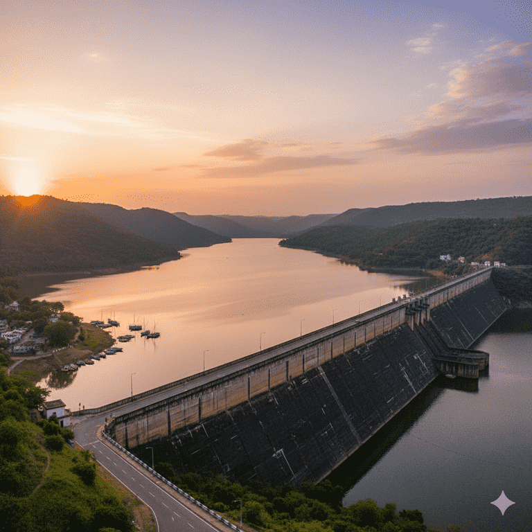 Aerial view of Gangapur Dam at sunset, showing the long concrete dam wall, a calm reservoir, and surrounding green hills with a small village and boats on the left.