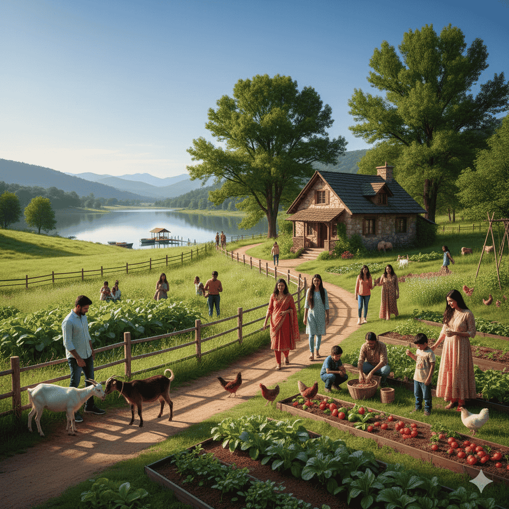 A vibrant agro-tourism scene on a sunny day. Visitors are shown exploring lush green fields, interacting with farm animals, and walking through rows of vegetable gardens. In the background, a cozy farmstay cottage sits near a sparkling water body, surrounded by mature trees under a clear blue sky, conveying peaceful village life and eco-friendly tourism.
