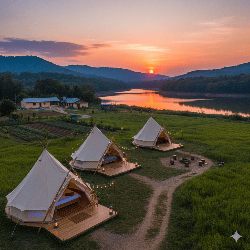 Elegant tent houses at Greenroots Organic Farm during sunset, featuring glamping accommodations by a serene lake.