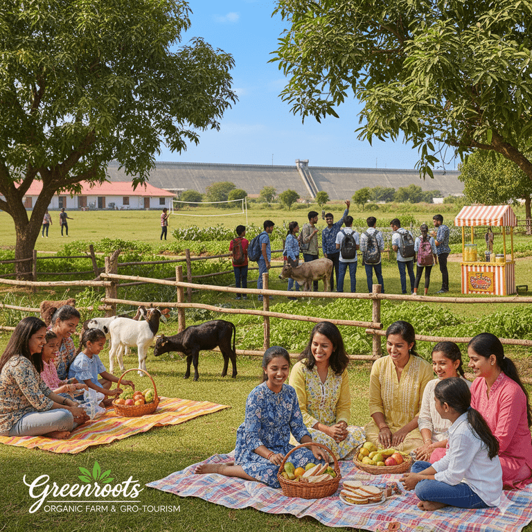 Diverse groups enjoying a day picnic at Greenroots Organic Farm, showcasing activities perfect for families, friends, and educational outings.