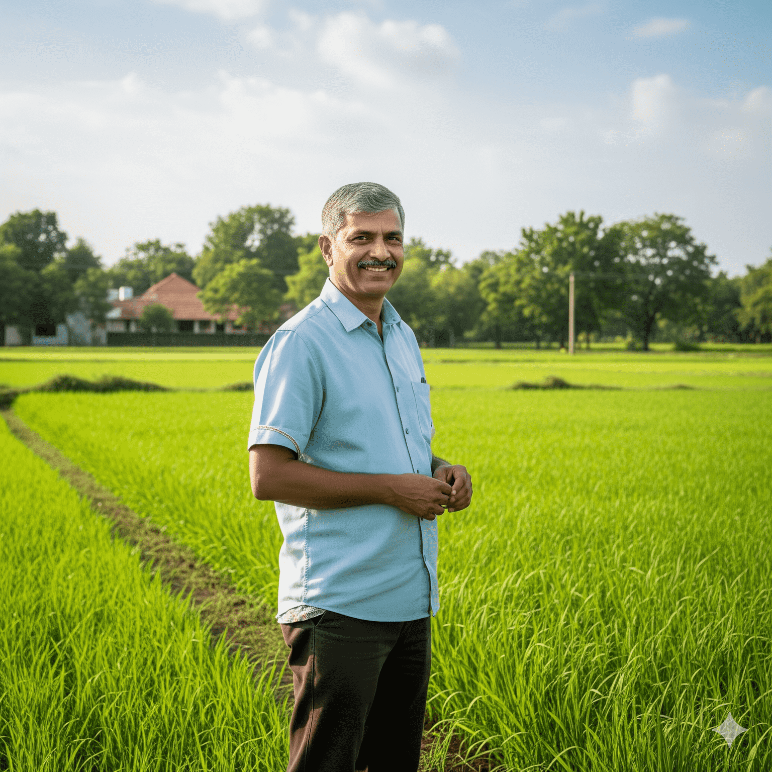Smiling farmer Mr. Suresh Bhalerao in light blue shirt standing in vibrant green rice paddy fields at Greenroots organic farm near Gangapur Dam with trees and blue sky in background