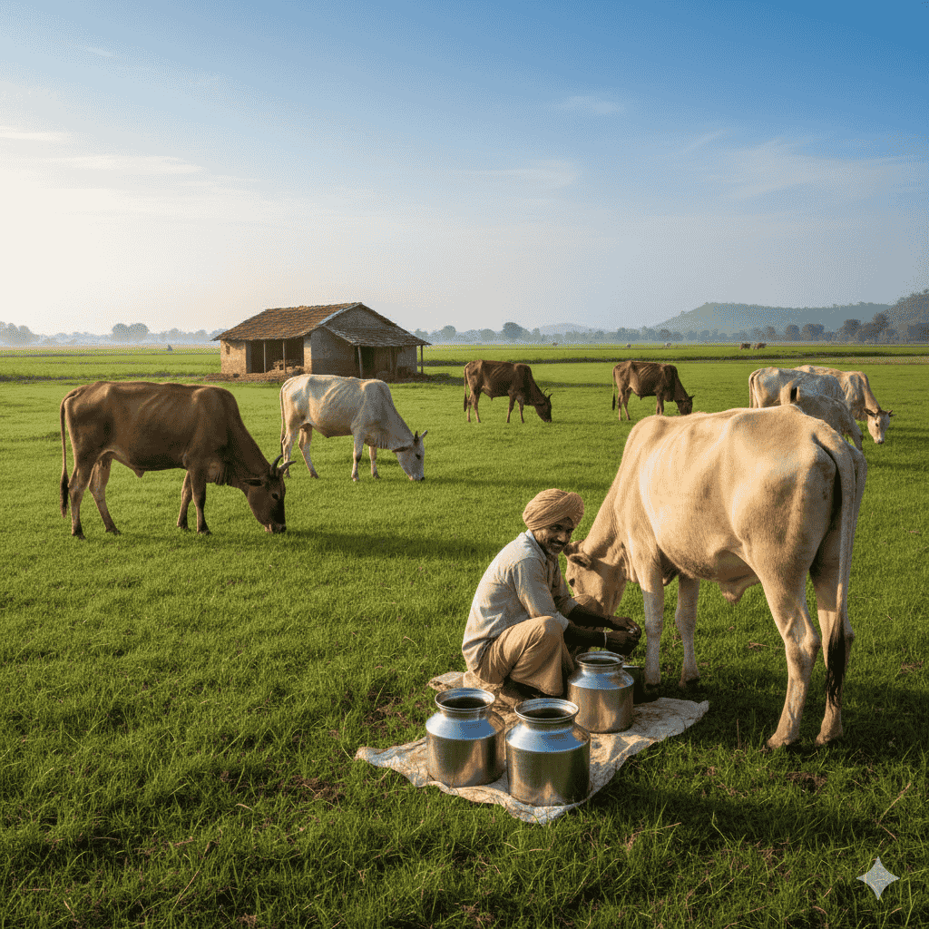 A realistic photo of an Indian farmer, wearing a simple shirt and dhoti, gently hand-milking a healthy, grass-fed cow into traditional steel containers in a lush, sunlit green field. A rustic farm hut is visible in the background under a clean blue sky, representing pure, local organic dairy