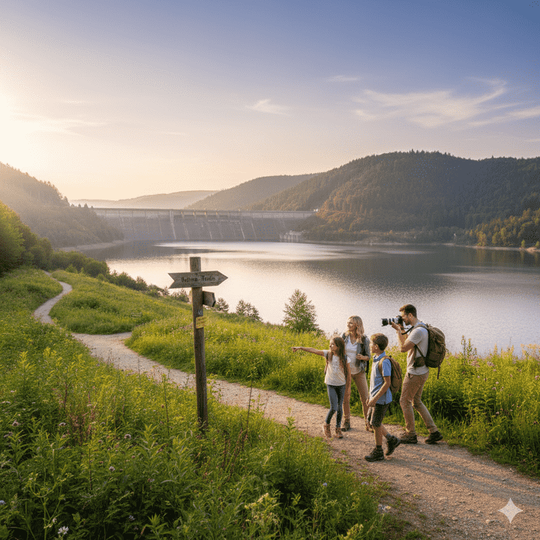 GreenRoots organic farm situated next to a large, reflective dam reservoir, featuring neat rows of crops, a stone farmhouse, and a gated entrance.