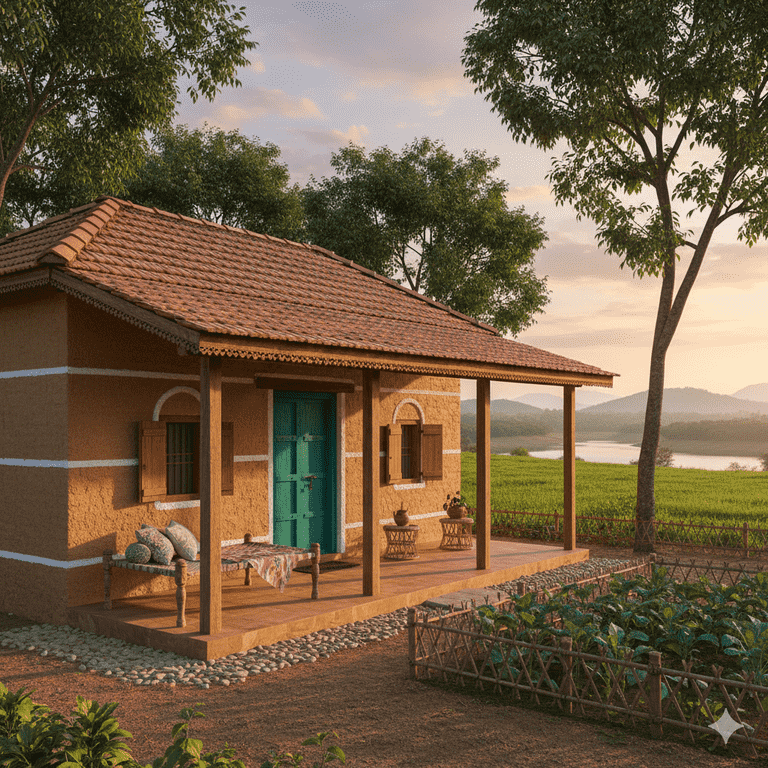Cozy Indian cottage accommodation at Greenroots Organic Farm, set in a natural landscape with gardens and a distant dam view.