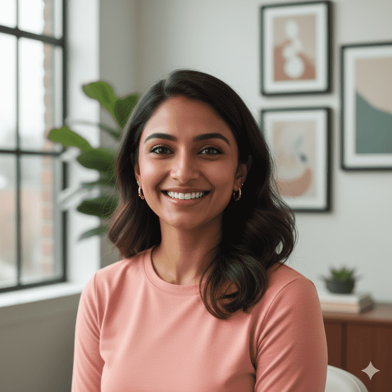 Professional headshot of a smiling Indian woman in a peach top, providing a testimonial for GreenRoots Organic Farm.