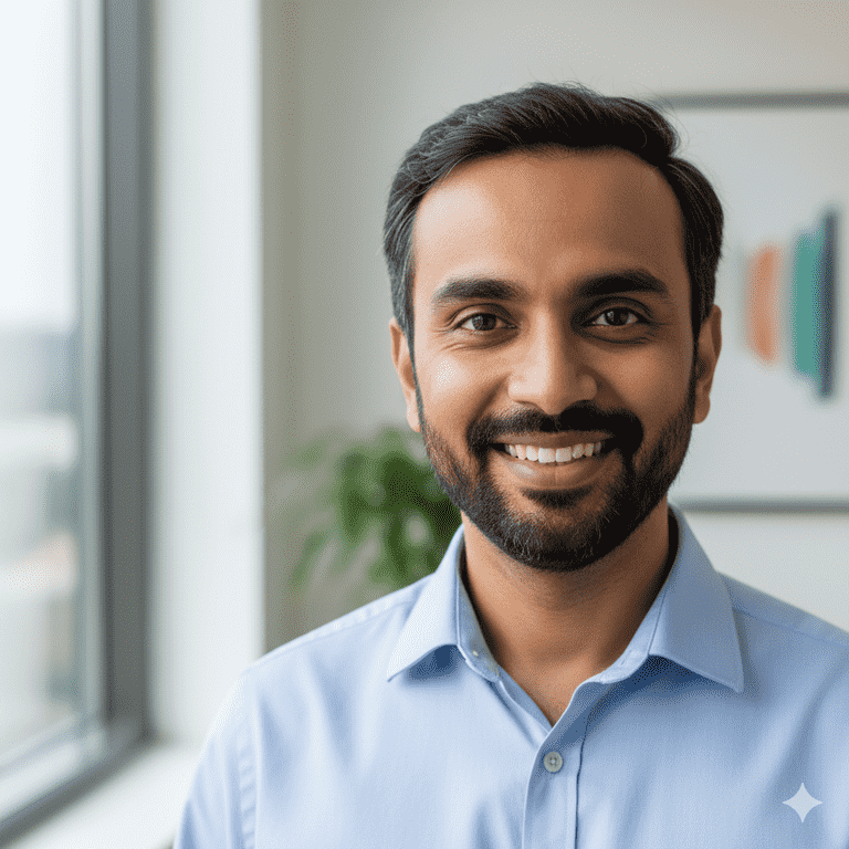 Professional headshot of a smiling Indian man in a blue shirt giving a testimonial for GreenRoots Organic Farm.